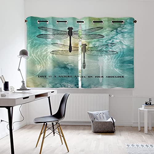 Window Curtain Panels Set Of 2,Dragonfly On Teal Turquoise Sunlight Filter Kitchen Drapes,Love Is A Nature Angle On Your Shoulder Quote Privacy Window Curtains For Living Room Bedroom Decor #TOP4