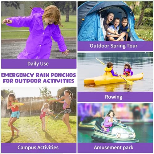 Image of BFONS Rain Ponchos for Kids, Reusable Raincoats for Boys Girls with Hood and Sleeves, Waterproof Rain Jackets for Travel Outdoor Purple 2PCS