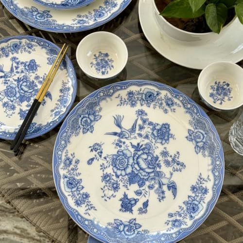 Image of GOLDEN QUEEN'S Handcrafted Dinner Plates: Set of 2 | Perfect for Hosting and Daily Meals | Microwave Safe Plates | 11 inch | Serves 2 - Vintage Blue Birds with Floral Border