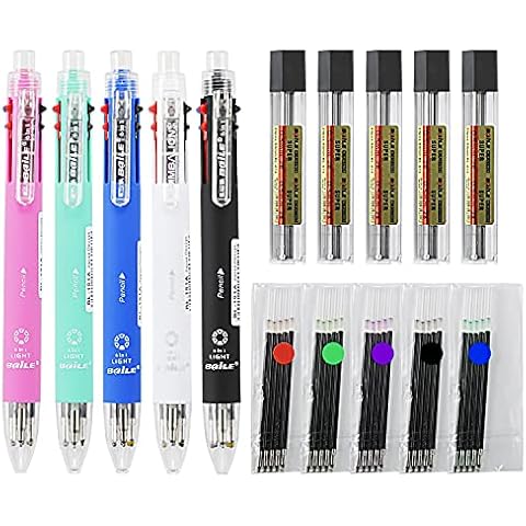 Baile 6 in 1 Multifunctional Pen 0.7 mm Ballpoint Pen 5 Colors and 0.5 mm Mechanical Pencil in One Pen, 5 Pens 5 Ballpen Lead Refills 4 Pencil Lead Refills Cover