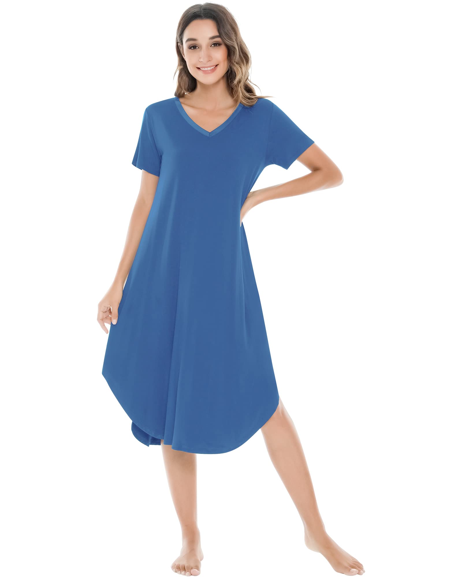 NACHILA Bamboo Viscose Nightgowns for Women Cooling Short Sleeve Sleepshirt | Soft V Neck Night Gowns, Moisture-Wicking Sleepwear for Hot Flashes &amp; Night Sweats, Ladies Nightshirts for Sleep, Home, Gift