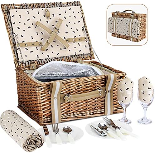 Willow Picnic Basket Set for 2 Persons with Large Insulated Cooler Bag and Waterproof Picnic Blanket,Wicker Picnic Hamper for Camping,Outdoor,Valentine Day,Thanks Giving,Birthday.