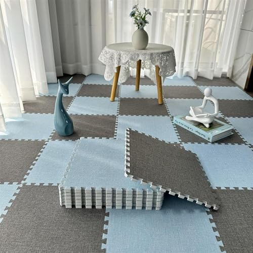 40 alfombrillas de espuma de retazos con parte superior de tela de lino, 30 x 30 x 1 cm, azulejos entrelazados gruesos (gris oscuro + azul claro)
