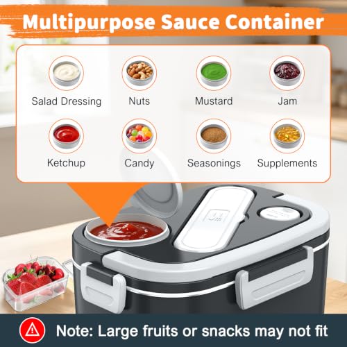 Image of HOLDRUBY Electric Heated Lunch Boxes Adults: 100W Protable Food Warmer with Sauce Box 1.5L Heatable Lunch Box for Car /Truck /Office 12 /24 /110-230V Leak-Proof Stainless Steel Container,Fork & Spoon,Bag
