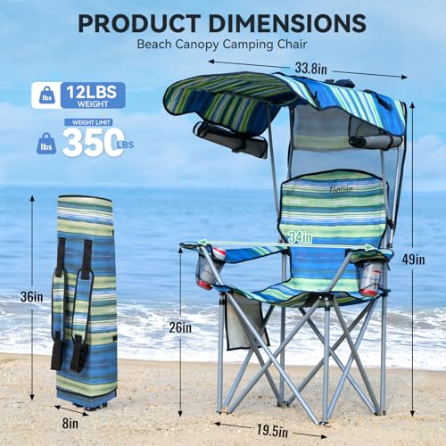 Thallike Folding Camping Chair with Reinforced Shade Canopy Comfortable Wide Seat with Cup Holder and Side Pocket Portable Outdoor Chair for Beach Fishing Sports Lawn Supports 350 LBS