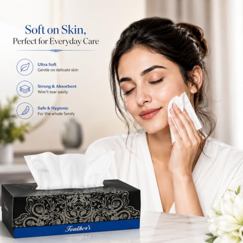 Image of Feather's Face Tissue Box (Dry) | 2 Ply, 200 Pulls per Box, Pack of 6 | Super Soft & Absorbent Facial Tissue Box | Facial Tissue Papers | Virgin Paper, Biodegradable (Random Color Box)