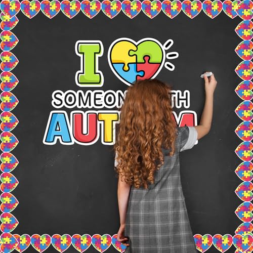 Image of Whaline 65.6Ft Colorful Puzzle Heart Bulletin Board Border Autism Awareness Die Cut Trim Border Roll for Back to School Classroom Chalkboard Decoration