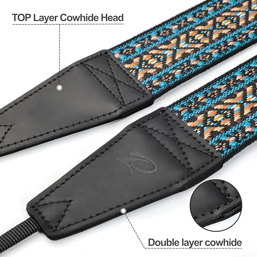 Image of Padwa Lifestyle Boho Blue Camera Strap - 2 inch Full Grain Leather Ends Camera Straps for Photographers, Vintage Embroidered Cotton Weave Soft Suede Fabric Padded Strap Quick Release fits All Cameras