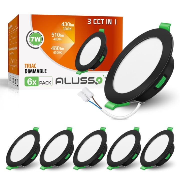 ALUSSO LED Recessed Ceiling Lights, 7W 480LM LED Downlights Dimmable, 30MM Ultra Slim Round Black Spotlights, Warm White/Neutral White/Cool White Adjustable, IP44 Waterproof for Bathroom, 6 Pack [Energy Class F]