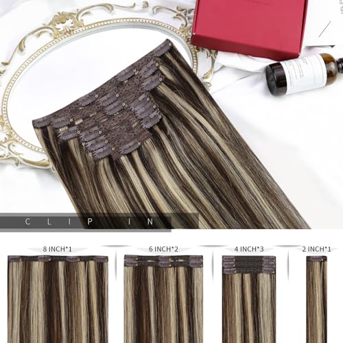 Moresoo Clip in Hair Extensions Real Human Hair Dark Brown Highlighted Caramel Blonde Clip in Real Hair Extensions 22 Inch 7 Pieces/120g #P4/27 - Image 3