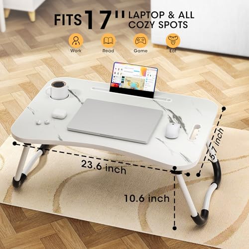 Image of Folding Lap Desk, 23.6 Inch Wood Laptop Bed Desk with Cup Holder, Portable Bed Table for Working Writing Reading & Eating for Bed, Sofa, Couch, Floor - White&Black