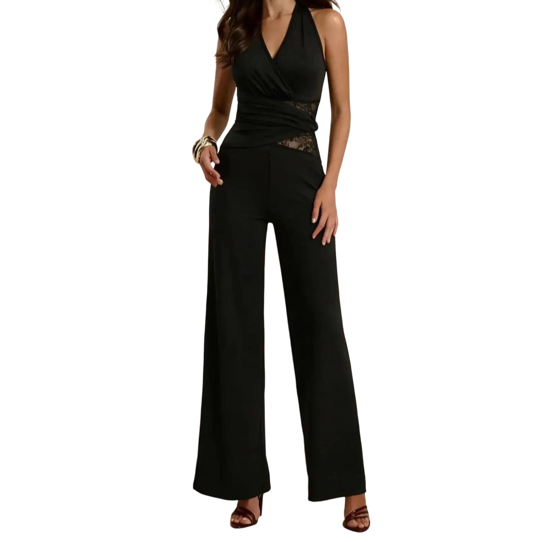 Yeuyyben Enterizo de encaje con cuello en V y pierna ancha para mujer, informal, elegante, para fiesta, verano