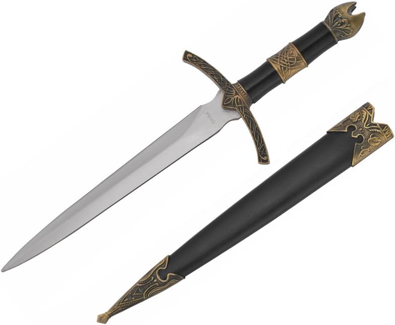 Wuu Jau Co H-5923 Medieval Dagger with Golden Handle Design and Black Scabbard, 14"