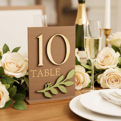 Image of Wedding Table Numbers 1-15 with Holders, Elegant Wood Table Numbers with Eucalyptus Leaves for Wedding Reception, Centerpiece Decoration, Event, Party