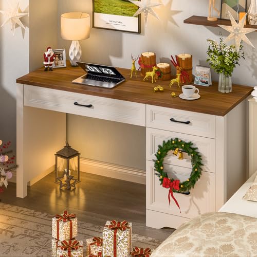 Image of Vabches Farmhouse Executive Desk with Storage and Ample File Drawer, Rustic Large Home Writing Desk for Bedroom, White