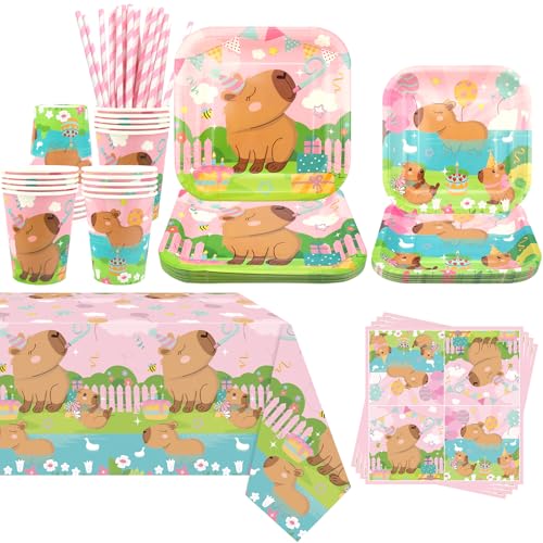 Obussgar Roze Capybara feestdecoratie - Capybara verjaardagsfeest servies accessoires bevat borden, kopjes, servetten, tafelkleed, rietjes, voor 20 personen