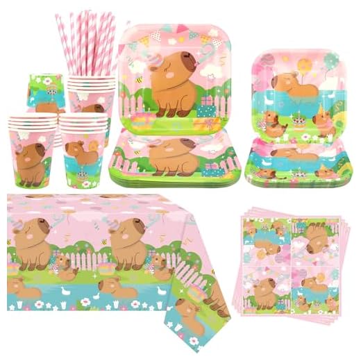 Obussgar Decoración de fiesta de capibara rosa - Capybara Cumpleaños Fiesta Vajilla Accesorios Contiene Platos, Tazas, Servilletas, Manteles, Pajitas - Para 20 Personas