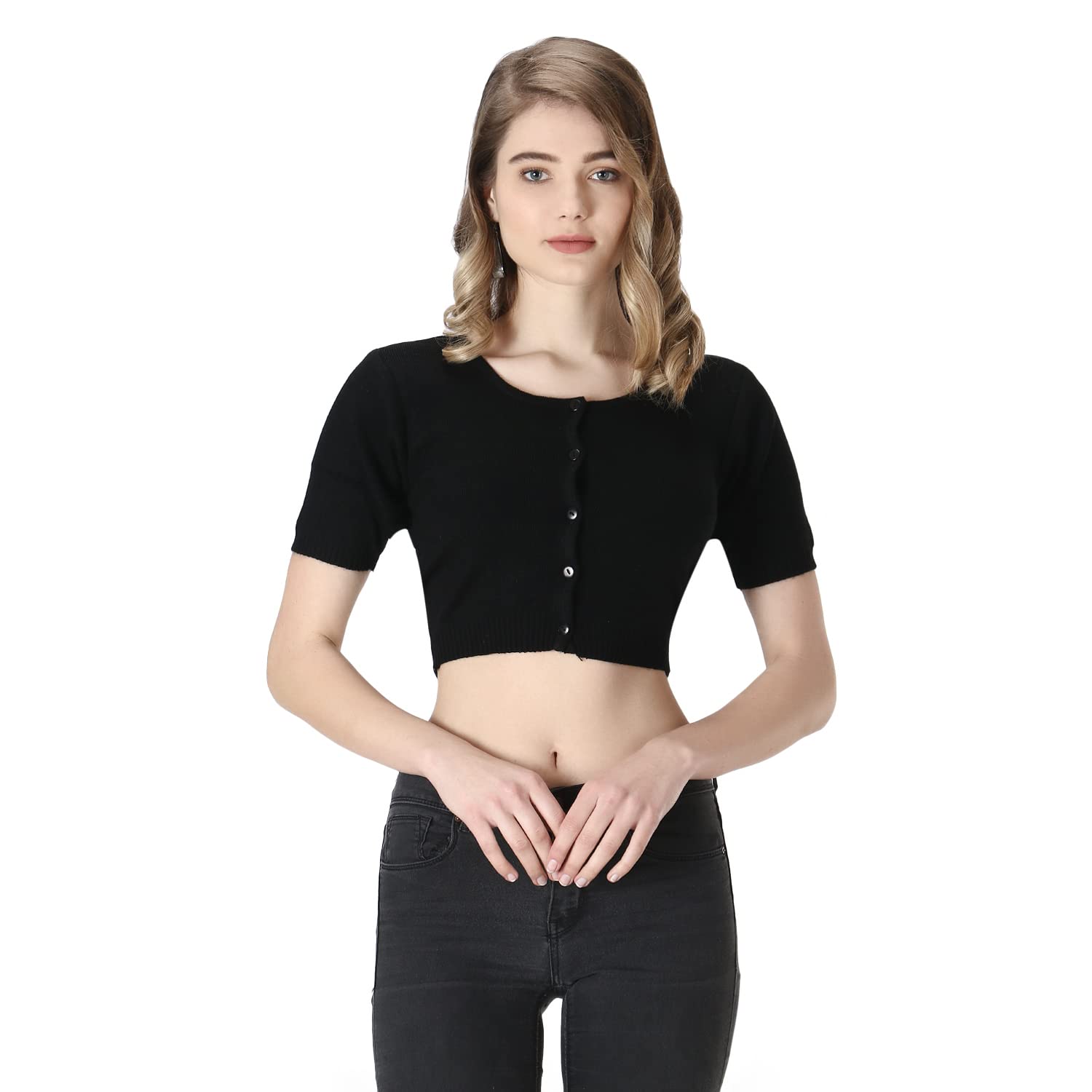 Womens Woollen Half Sleeves Crop Top Sweater Blouse
