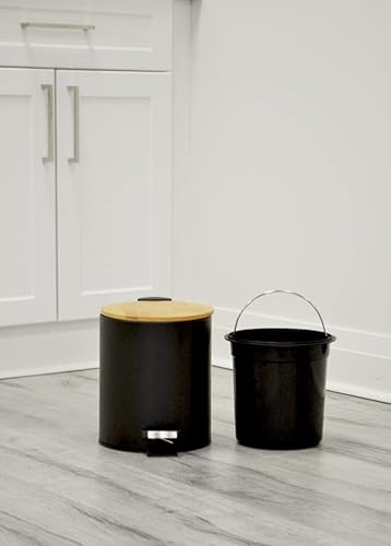 Miniatura 2 de AQ Cubo de basura redondo de 5 litros13 galones con revestimiento de plástico extraíble y tapa de cierre suave negro mate y bambú