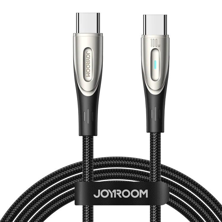 JOYROOM USB-C Fast Charging and Data Cable, 100W Capacity, LED Indicator Compatible with iPhone 16, 15, MacBook Air & Pro, Android Smartphones, Nylon Braided Cable 4ft Long (Black)