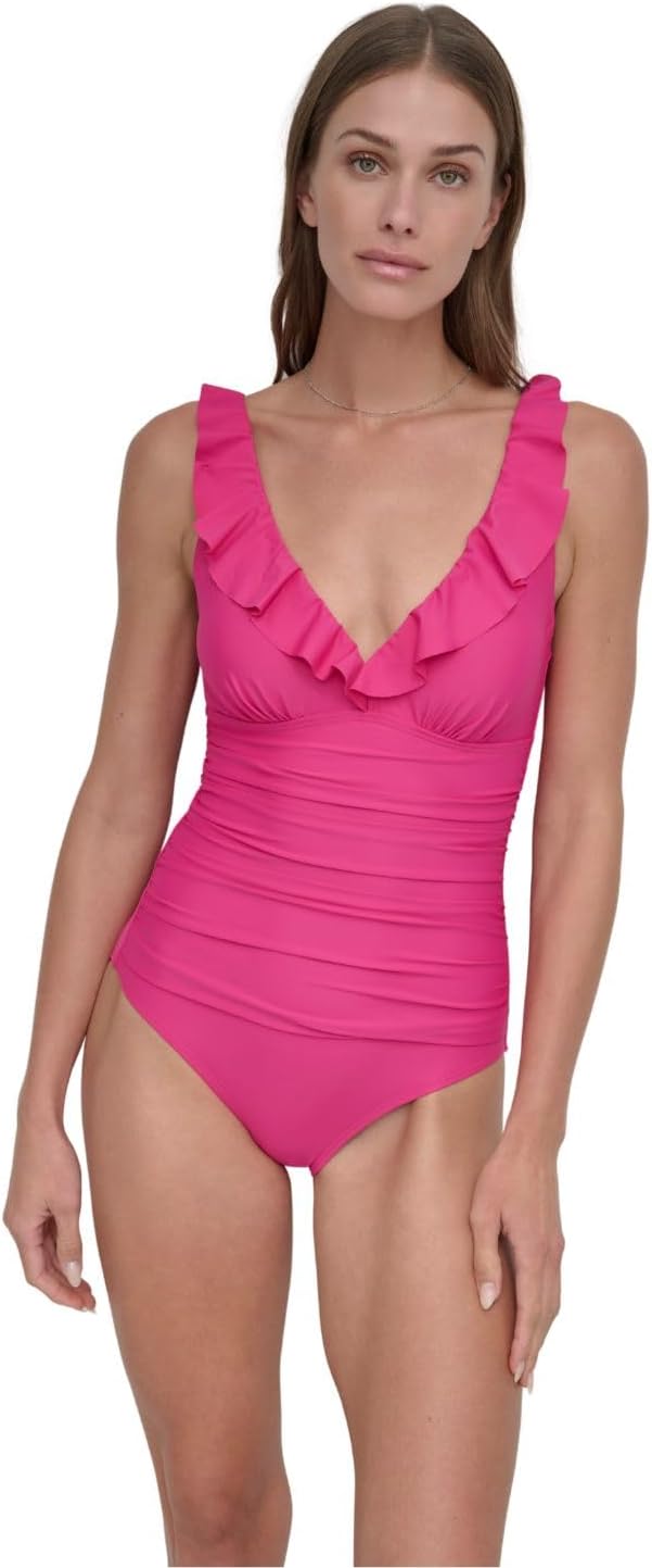 DKNY Women's Ruffle V-Neck One Piece Swimsuit with Tummy Control