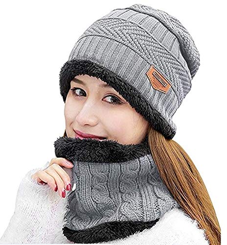Alexvyan A Grade Cashmere Wool Winter Soft Warm 1 Set Snow and Wind Proof Knitted Ball Cap (Inside Fleece) Woolen Beanie Cap with Scarf Muffler for Women Ladies Girls (Beanie Grey)
