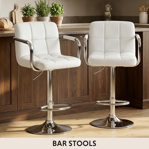 Image of HealSmart Bar Stools Set of 2, Adjustable Swivel Bar Chairs with Cushioned Armrests & Ergonomic Backrest, Water-Resistant PU Leather for Kitchen Island Counter Pub Dining Room, White