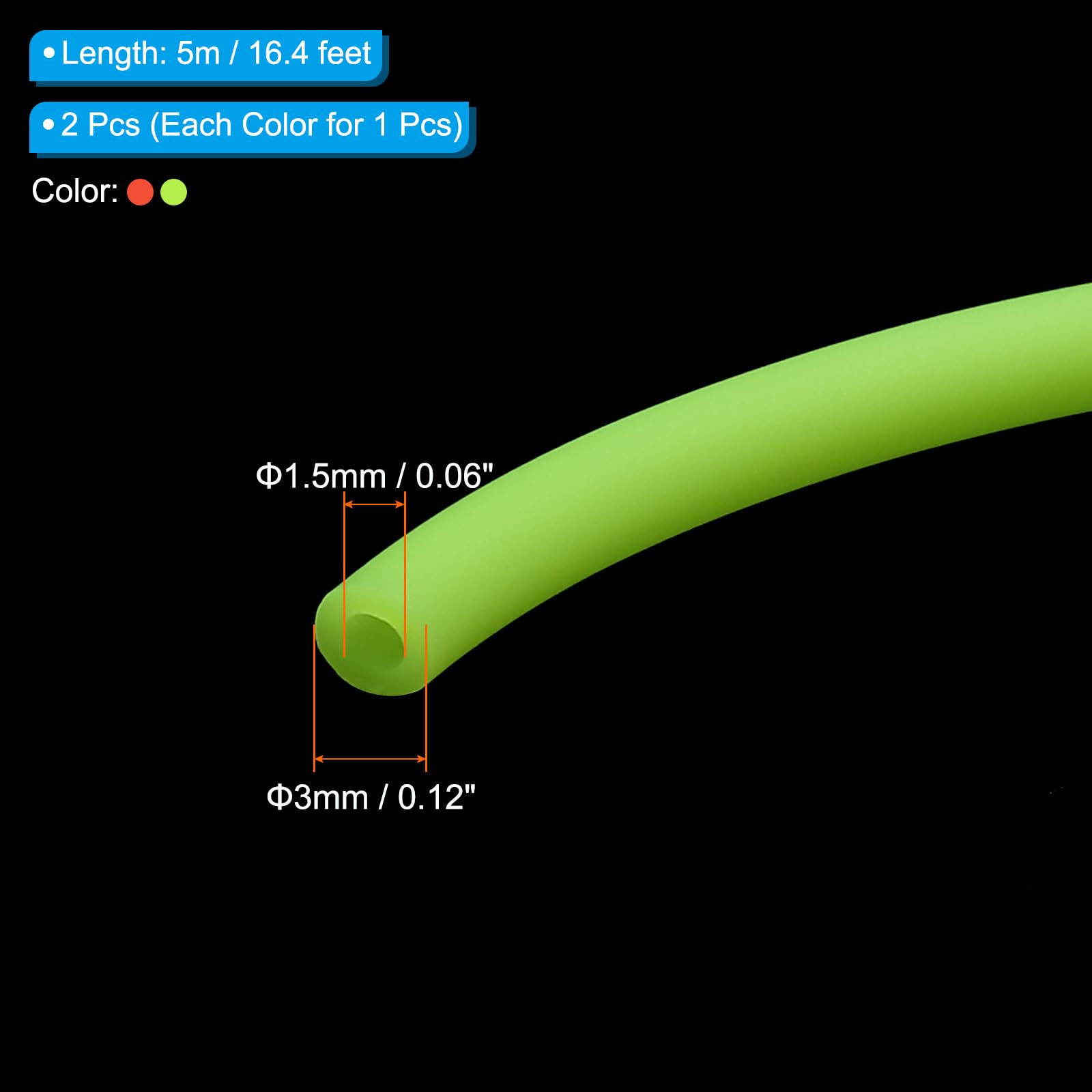 PATIKIL Rubber Cord Tube, 16ft Silicone Hollow Tubing 1/8" OD 1/16" ID for DIY Craft Beading Necklaces Bracelet Green-yellow/Orange-red - Image 2