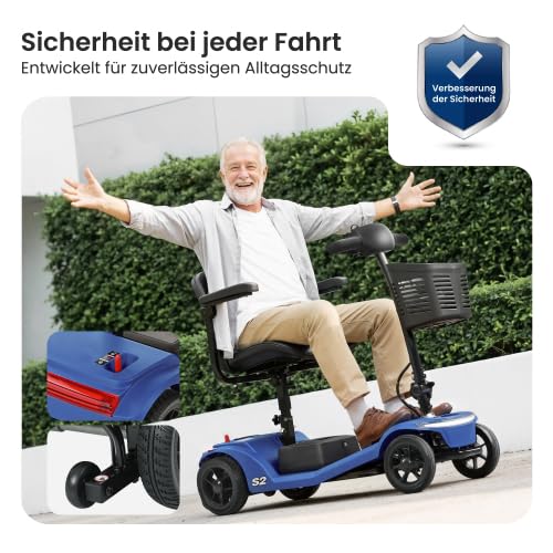 Scooter de movilidad para personas mayores, 4 ruedas, 6 km/h, carga 136 kg, batería extraíble, luz LED, reposapiés largo, azul