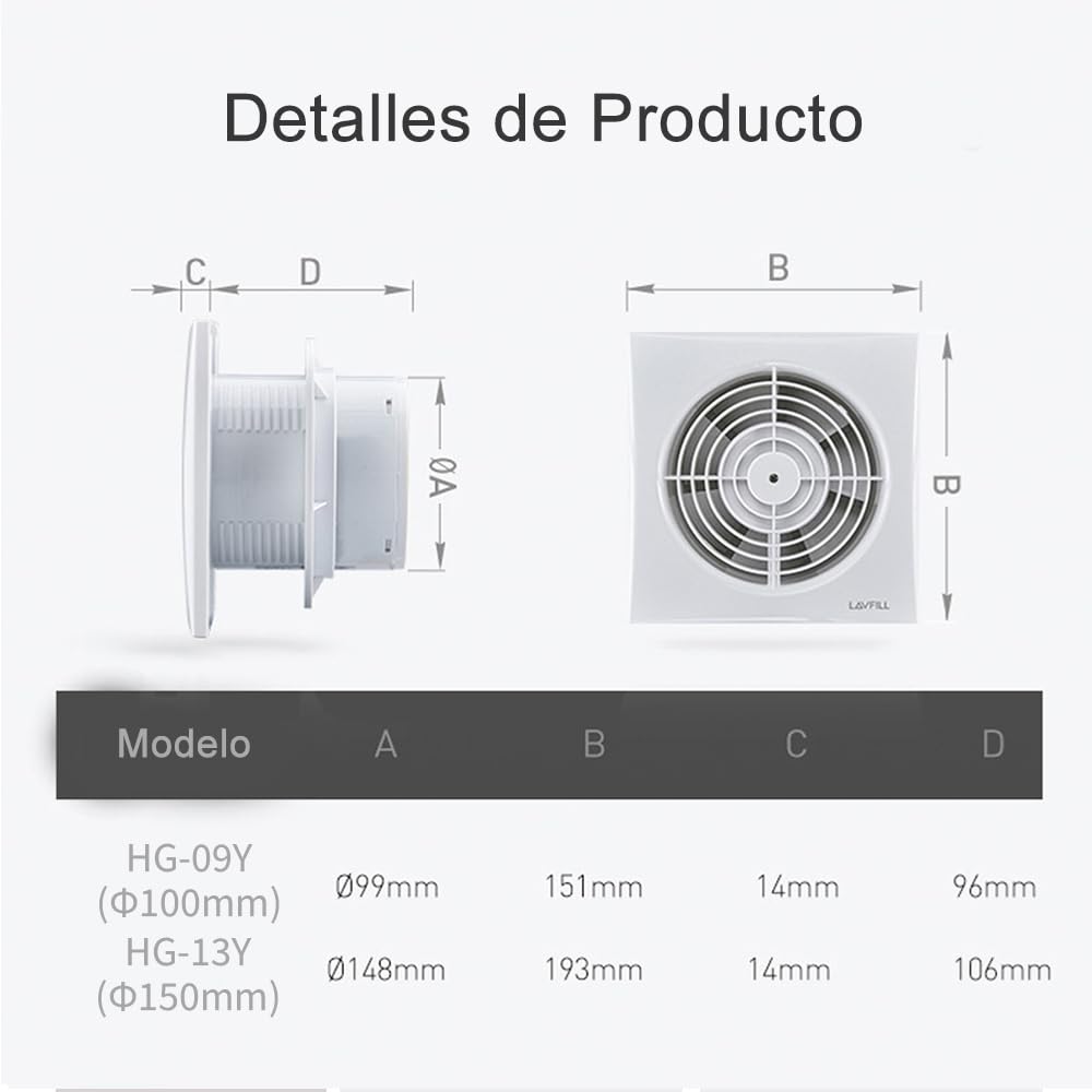 Extractor de aire 150 mm 18 W 320 m³/h con válvula antirretorno, montaje en ventana y pared Ventilador para cocina, baño, invernadero, garaje -6 pulgadas