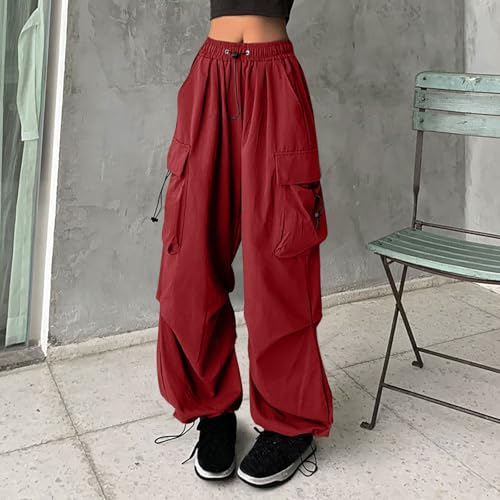 Teen Girls Y2K Cargo Parachute Pants Baggy Wide Leg Casual Track Pants Elastic Waist Lightweight Joggers Hiking Pants4