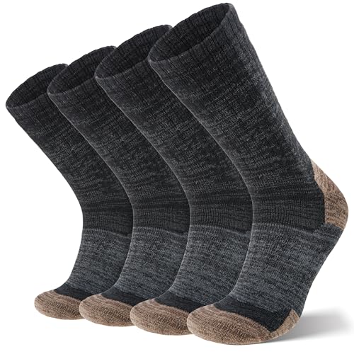ANTSANG Merino Wool Hiking Socks Full Cushion Thick Thermal Crew Socks for Men and Women 4 Pairs(Black Gold L)