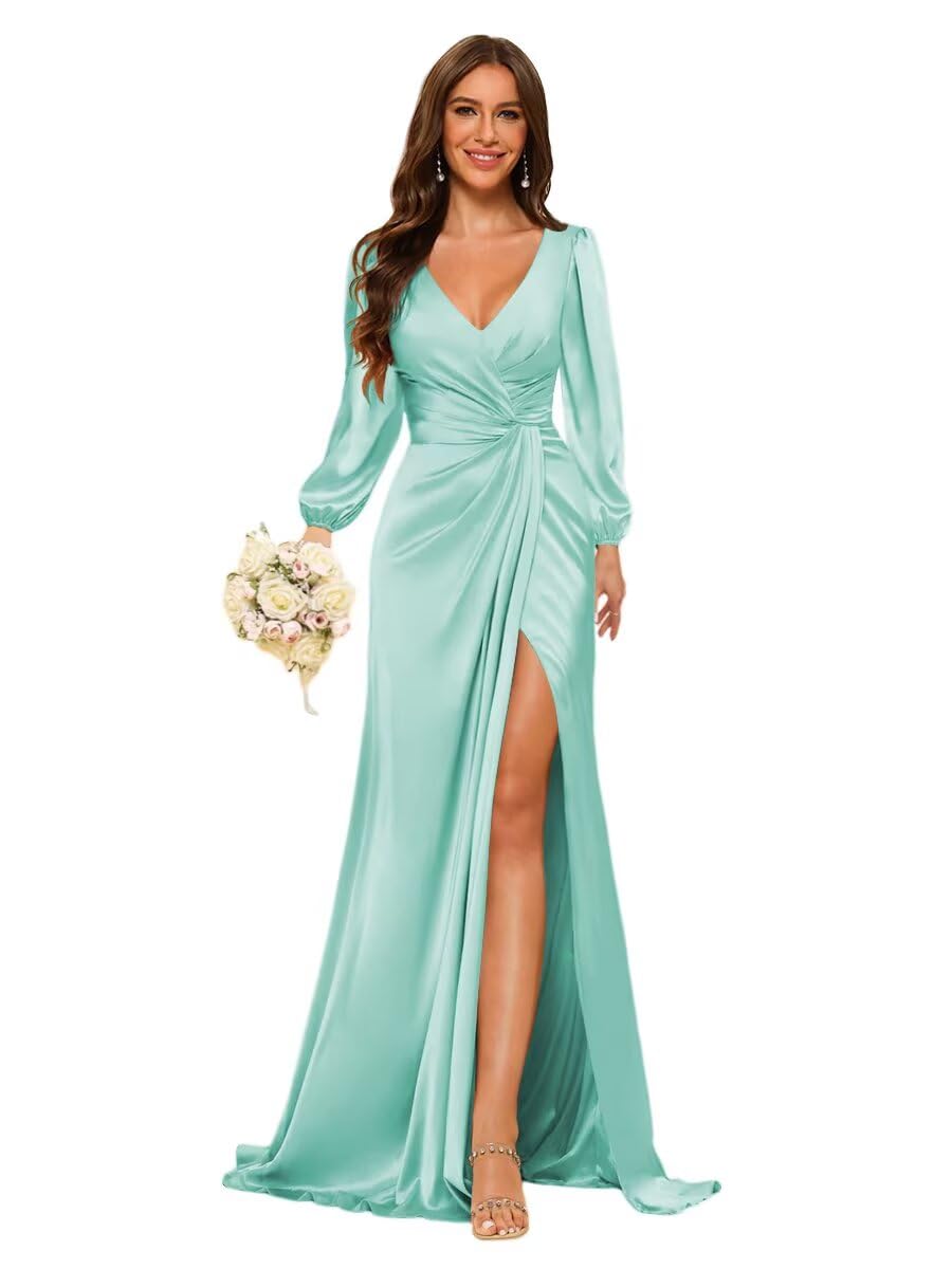 YMSHA Mermaid Satin Bridesmaid Dresses 2026 with Slit Long Sleeve Formal Party Dress CLN004