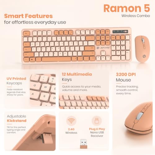 Image of Lapcare Ramon 5 Wireless Keyboard & Mouse Combo WL-108 | 2.4GHz Wireless | 104 Keys with 12 Multimedia Shortcuts | Adjustable 3200 DPI Mouse | Nano USB Receiver | Retro UV Printed Keys