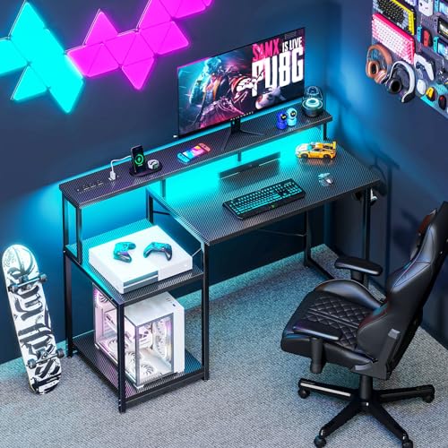 Compact 48 Gaming Desk with LED Lights, Power Outlet & Reversible Shelves for Offices