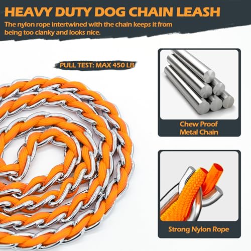 Image of Chain Dog Leash, Bite-Proof Metal Leash, with Padded Handle Orange