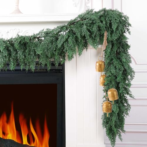 Image of Hananona 9FT Artificial Cedar Garlands, Real Touch Soft Cedar Pine Garland, Winter Artificial Greenery Garland for Fireplace Mantel Staircase Porch Table Indoor Home Decor (1, Green, 9FT)