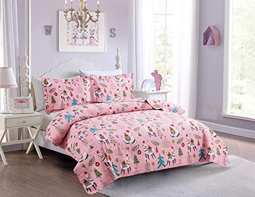 Ycosy Christmas Bedspread Coverlets King Size Girls Quilt Set Xmas Pink Alpaca Bedding Kids Lightweight Bedspread Reversible Quilts Christmas Holiday Bed Cover Set，1 Quilt And 2 Pillow Shams #TOP2