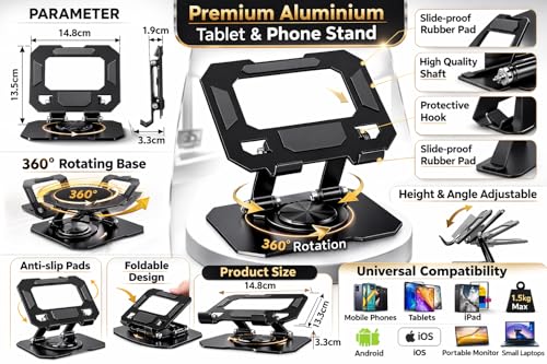 Image of Aluminium Tablet Stand Holder, 360 Rotating Base, Height & Angle Adjustable Metal Phone Stand, Foldable Desk Holder Compatible with All Tablets & Smartphones (Black)