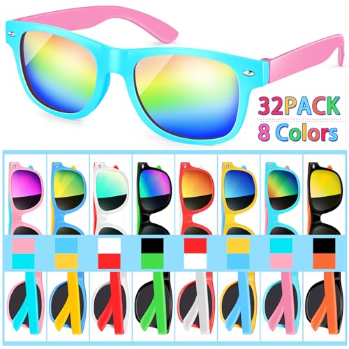 Kids Sunglasses Bulk - 32 Pack Neon Sunglasses with UV400 Protection for Boys and Girls, Party Favors for Kids 3-82