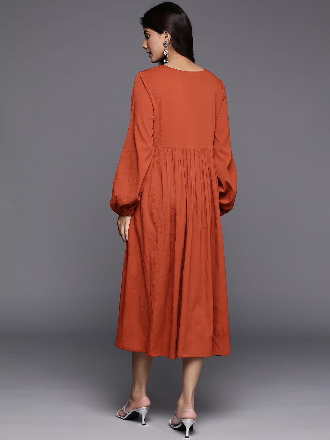 Varanga Women Rust V-Neck A-Line Dress With Bishop Sleeves And Gathered Details, Calf Length (Extra Large)
