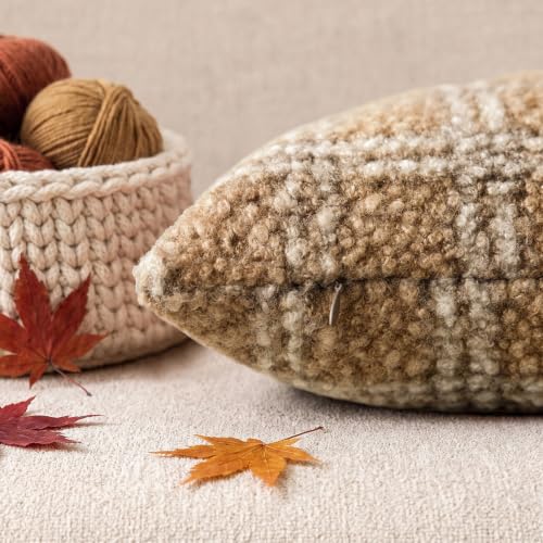 Image of Foindtower Pack of 2 Soft Faux Fur Boucle Throw Decorative Pillow Covers Fuzzy Accent Check Cushion Sherpa Boho Farmhouse Pillowcase for Couch Sofa Bed Living Room Home Decor 18x18 Inch,Light Brown