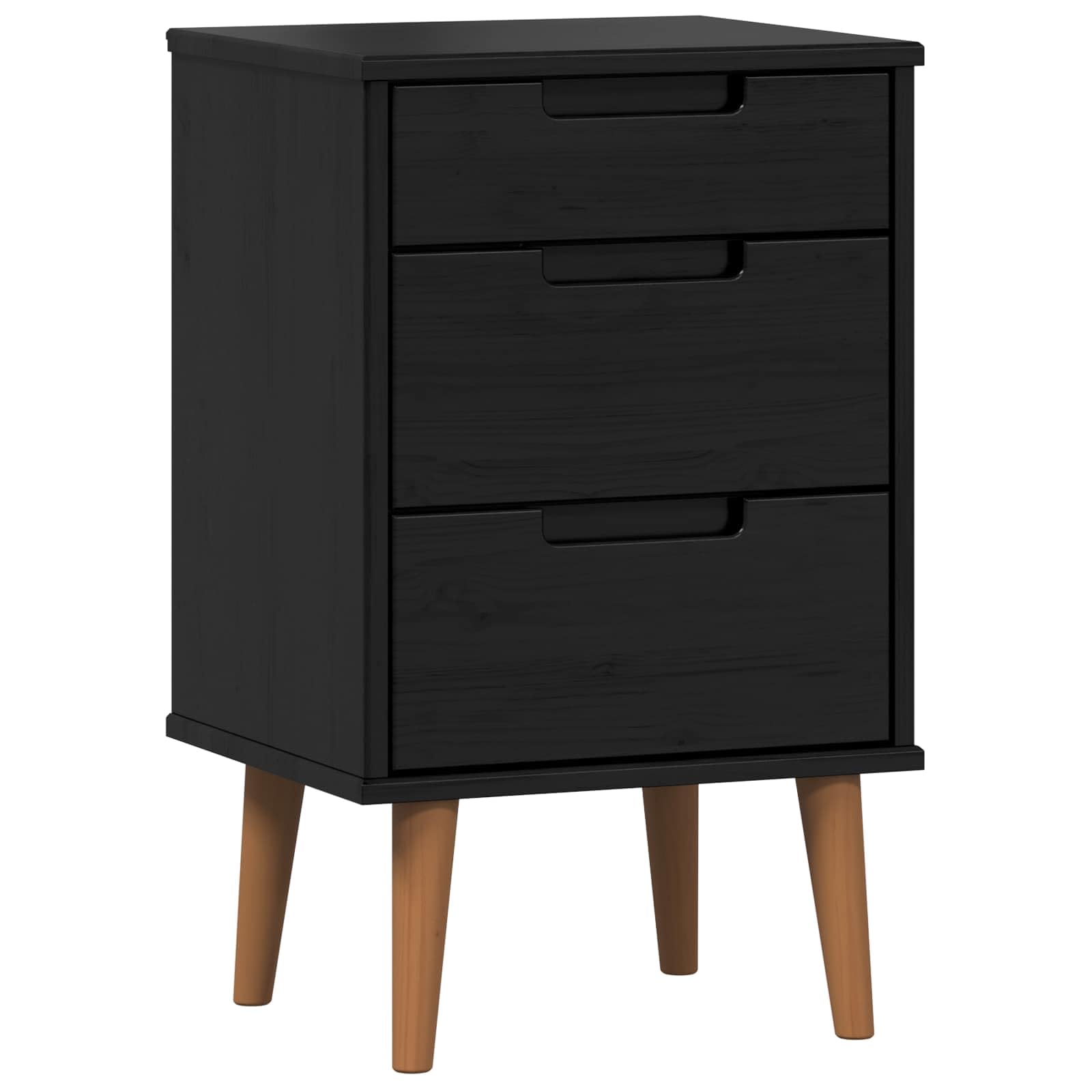 Table de chevet noire en pin massif rustique avec 3 tiroirs pour chambre
