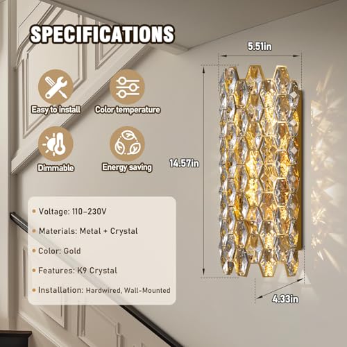 Image of Crystal Wall Sconces,Modern Gold Wall Light Fixtures,Luxury Indoor Wall Lamp,Vanity Wall Mount Lamps for Living Room,Bedroom,Bathroom,Bedside,Hallway,Stairway