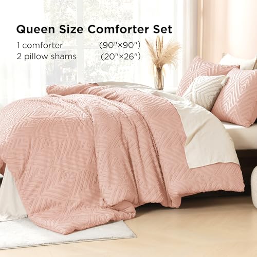 Image of Litanika Blush Pink Queen Comforter Set, 3 Pieces Tufted Boho Farmhouse Bedding Comforter Sets, Lightweight Fluffy Comforter Bed Set for All Season (90x90In Comforter and 2 Pillowcases)