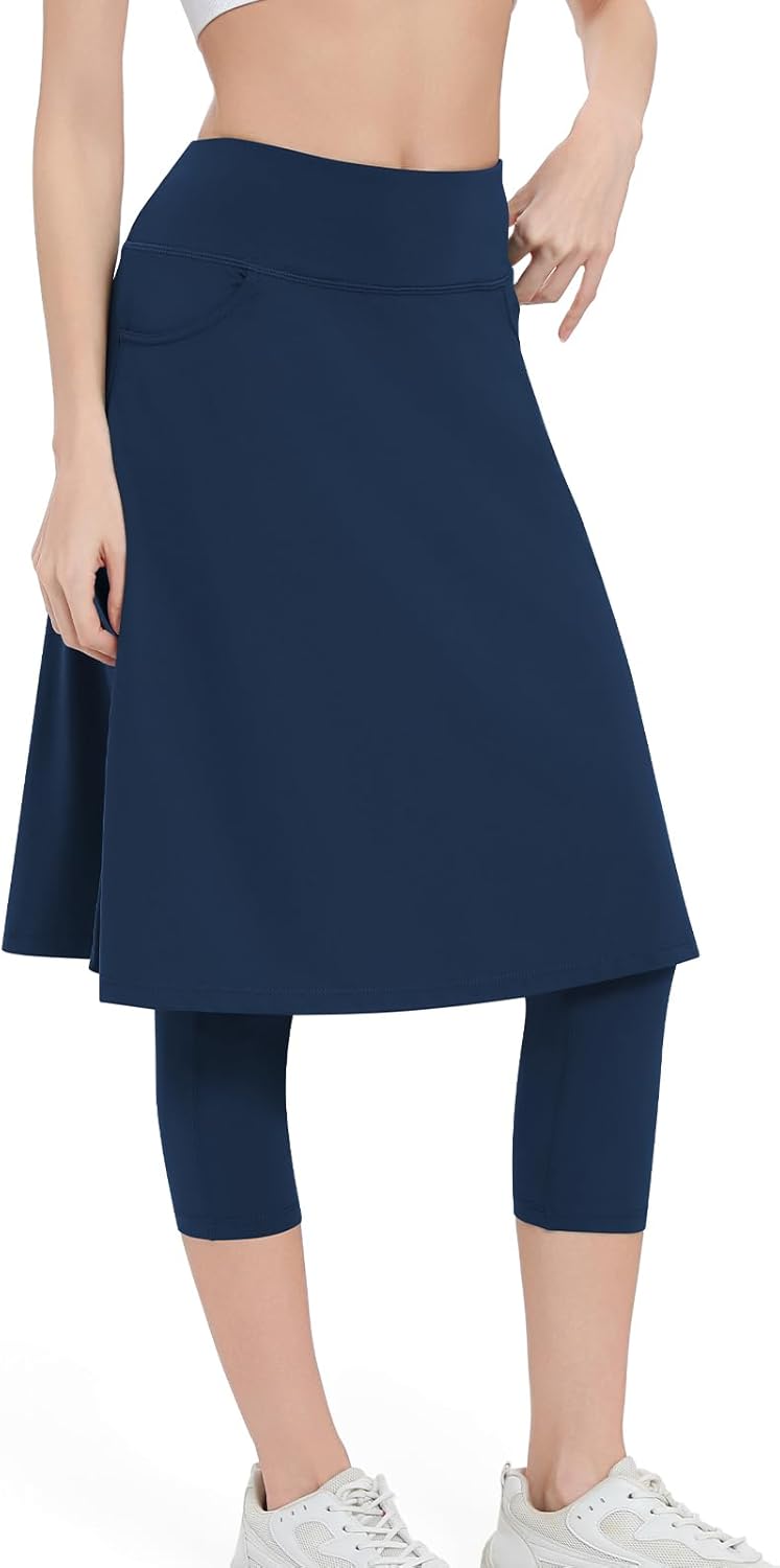 Women Athletic Knee Length Skirts with Leggings,Yoga Skorts Leggings with Arc-Shaped Pockets&Women Skirted Capris Skorts