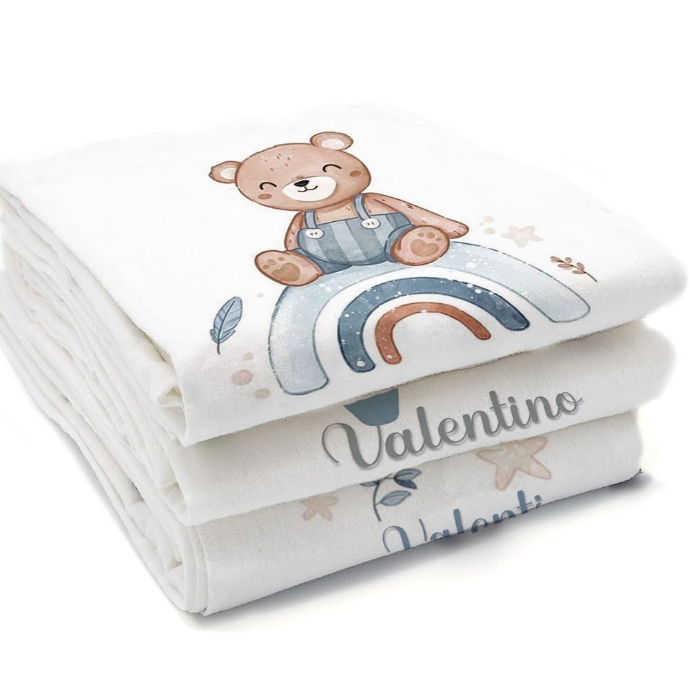 Mussole Personalizzate 70x70cm Cotone Bambù Set 3 Pezzi con Nome e Orsetto Peluche Regalo Neonato Copertina Mussola
