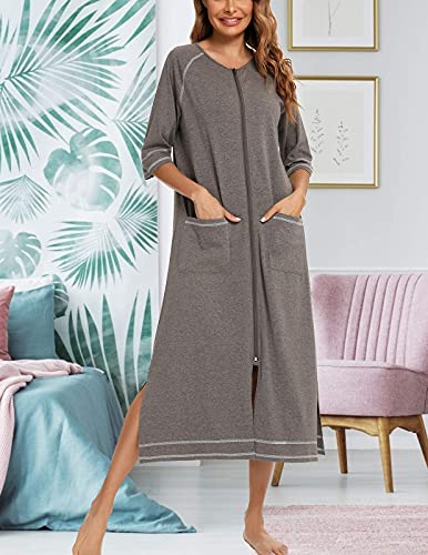Image of Veseacky Women Robe Zipper Front House Coat 3 /4 Sleeve Nightgown Full Length Ladies Lounge Dress with Pockets S-XXL