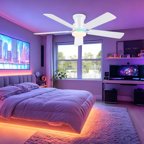 Image of JSAITEE 52in Flush Mount Ceiling Fans with Lights Low Profile, White RGB | Ceiling Fans with Lights Flush Mount Low Profile, Reversible Motor, 3CCT Dimmable, Noiseless, 6 Speeds, White Modern