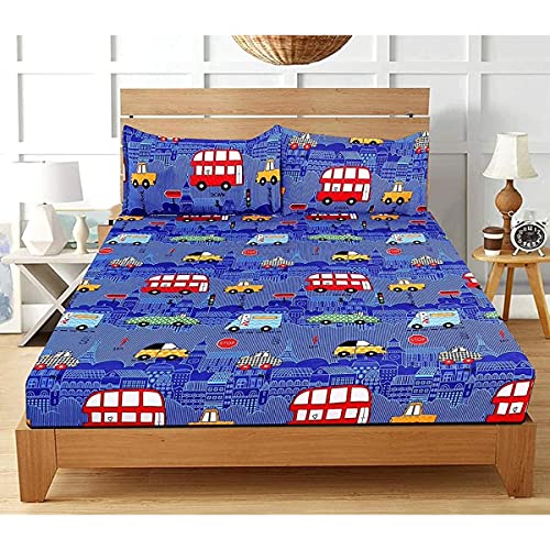 Image of Cotton Feel Glace Cotton Elastic Fitted Printed King Size Double Bed Bedsheet with 2 Pillow Cover(72 inchx78 inch,Blue Bus)